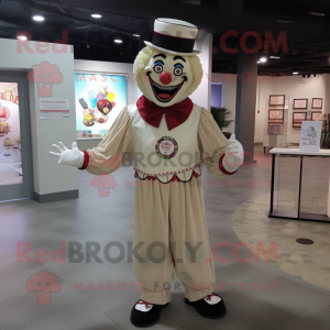 Beige Evil Clown mascot costume character dressed with a Dress Pants and Coin purses