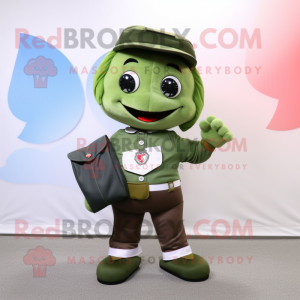 Forest Green Love Letter mascot costume character dressed with a Cargo Pants and Messenger bags