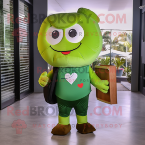 Forest Green Love Letter mascot costume character dressed with a Cargo Pants and Messenger bags