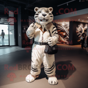 White Saber-Toothed Tiger mascot costume character dressed with a Jacket and Handbags