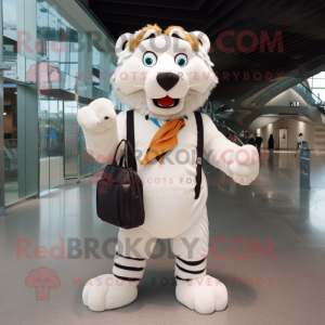 White Saber-Toothed Tiger mascot costume character dressed with a Jacket and Handbags