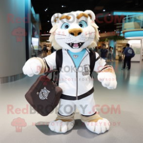 White Saber-Toothed Tiger mascot costume character dressed with a Jacket and Handbags