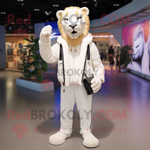 White Saber-Toothed Tiger mascot costume character dressed with a Jacket and Handbags