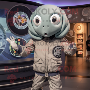 Gray Medusa mascot costume character dressed with a Bomber Jacket and Watches