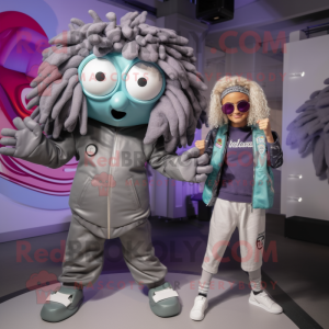 Gray Medusa mascot costume character dressed with a Bomber Jacket and Watches