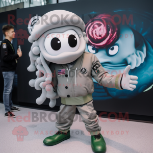 Gray Medusa mascot costume character dressed with a Bomber Jacket and Watches