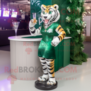 Forest Green Tiger mascot costume character dressed with a Cocktail Dress and Necklaces