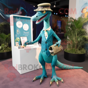 Teal Coelophysis mascot costume character dressed with a Oxford Shirt and Brooches