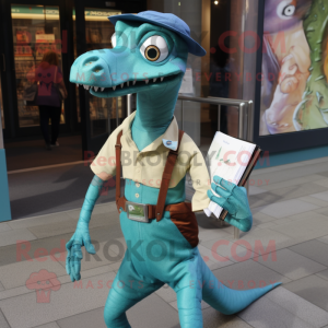 Teal Coelophysis mascot costume character dressed with a Oxford Shirt and Brooches