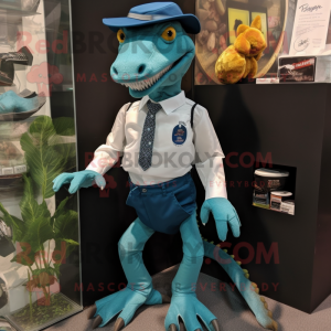 Teal Coelophysis mascot costume character dressed with a Oxford Shirt and Brooches
