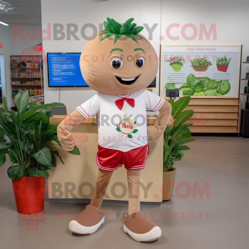 Tan Strawberry mascot costume character dressed with a Bermuda Shorts and Anklets Tan Strawberry mascot costume character dressed with a Bermuda Shorts and Anklets