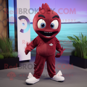 Maroon Betta Fish mascot costume character dressed with a Joggers and Earrings