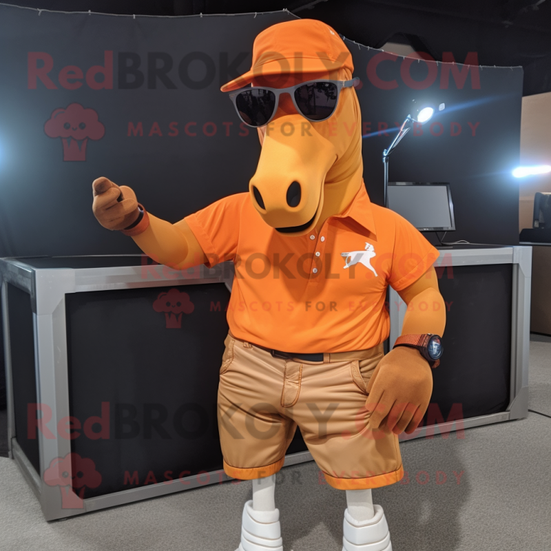 Orange Horse mascot costume character dressed with a Cargo Shorts and Sunglasses