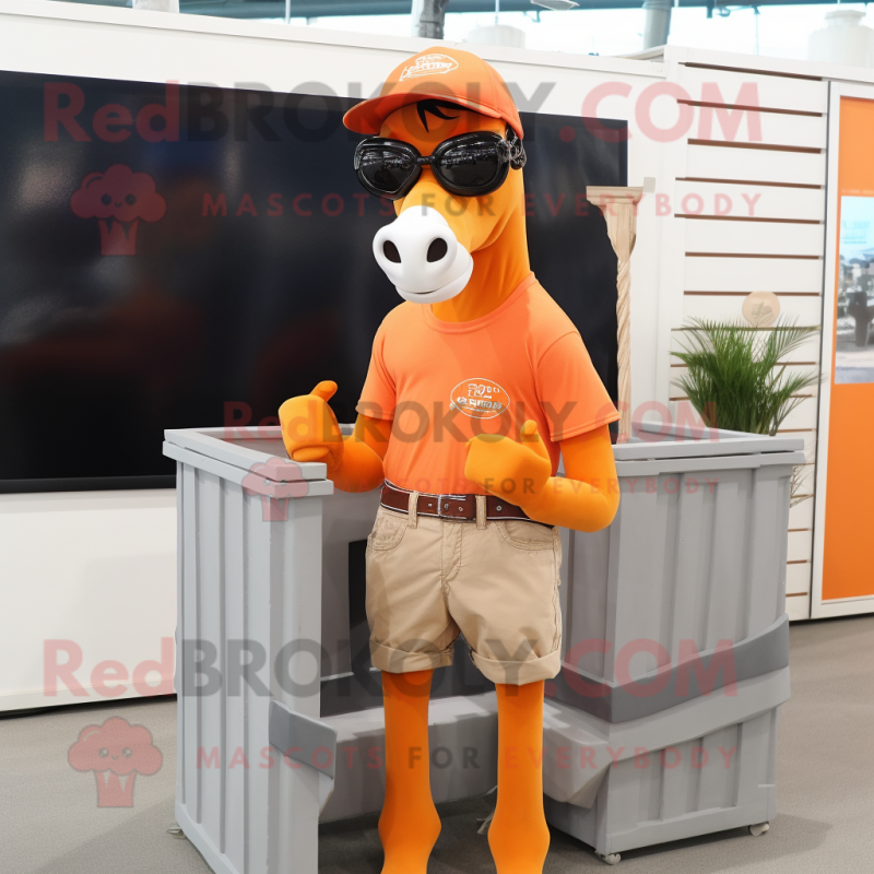 Orange Horse mascot costume character dressed with a Cargo Shorts and Sunglasses Orange Horse mascot costume character dressed with a Cargo Shorts and Sunglasses