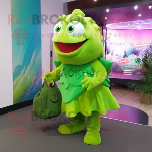 Lime Green Piranha mascot costume character dressed with a Culottes and Handbags