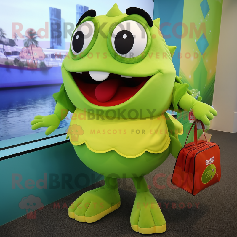 Lime Green Piranha mascot costume character dressed with a Culottes and Handbags