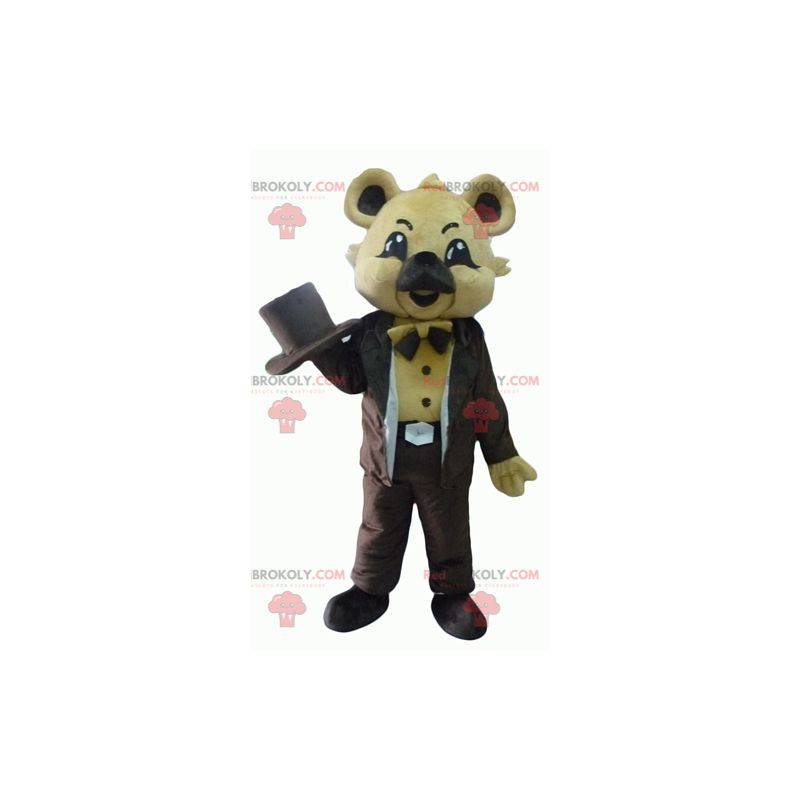 Mascotte koala beige in costume marrone con un cappello -