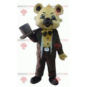 Mascotte koala beige in costume marrone con un cappello -