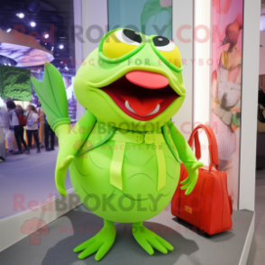 Lime Green Piranha mascot costume character dressed with a Culottes and Handbags