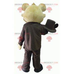 Mascotte koala beige in costume marrone con un cappello -