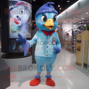 Sky Blue Woodpecker mascot costume character dressed with a Bomber Jacket and Hairpins