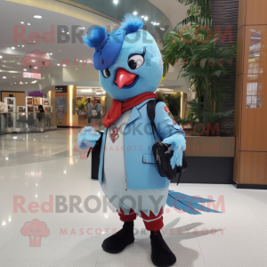 Sky Blue Woodpecker mascot costume character dressed with a Bomber Jacket and Hairpins