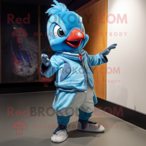 Sky Blue Woodpecker mascot costume character dressed with a Bomber Jacket and Hairpins