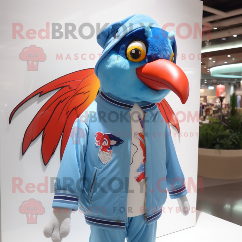 Sky Blue Woodpecker mascot costume character dressed with a Bomber Jacket and Hairpins