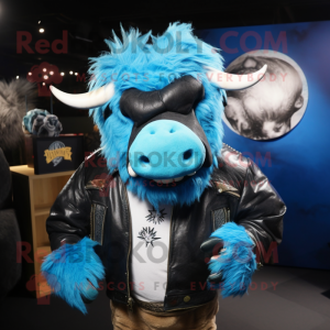 Sky Blue Woolly Rhinoceros mascot costume character dressed with a Leather Jacket and Necklaces