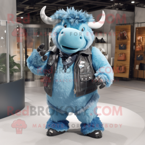 Sky Blue Woolly Rhinoceros mascot costume character dressed with a Leather Jacket and Necklaces