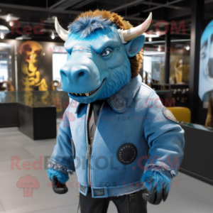 Sky Blue Woolly Rhinoceros mascot costume character dressed with a Leather Jacket and Necklaces