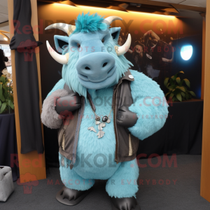 Sky Blue Woolly Rhinoceros mascot costume character dressed with a Leather Jacket and Necklaces