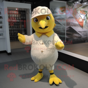 Cream Canary mascot costume character dressed with a Dress Pants and Beanies