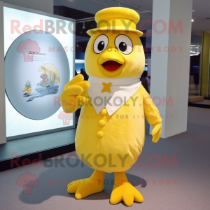 Cream Canary mascot costume character dressed with a Dress Pants and Beanies