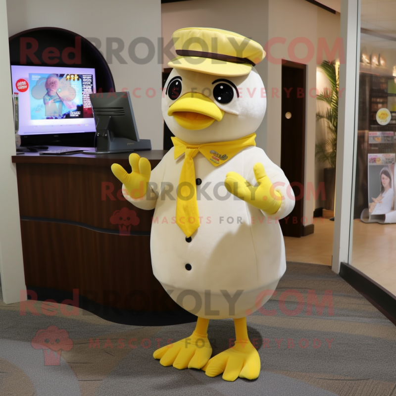 Cream Canary mascot costume character dressed with a Dress Pants and Beanies Cream Canary mascot costume character dressed with a Dress Pants and Beanies