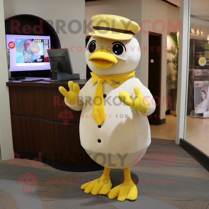 Cream Canary mascot costume character dressed with a Dress Pants and Beanies