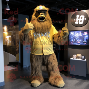 Gold Sasquatch mascot costume character dressed with a Baseball Tee and Necklaces