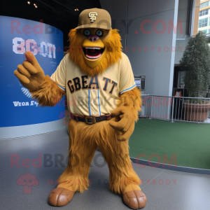 Gold Sasquatch mascot costume character dressed with a Baseball Tee and Necklaces
