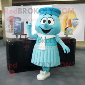 Cyan Champagne mascot costume character dressed with a Pleated Skirt and Briefcases
