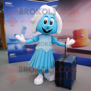 Cyan Champagne mascot costume character dressed with a Pleated Skirt and Briefcases