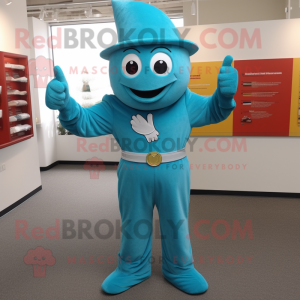 Turquoise Superhero mascot costume character dressed with a Corduroy Pants and Hat pins