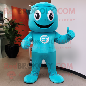 Turquoise Superhero mascot costume character dressed with a Corduroy Pants and Hat pins