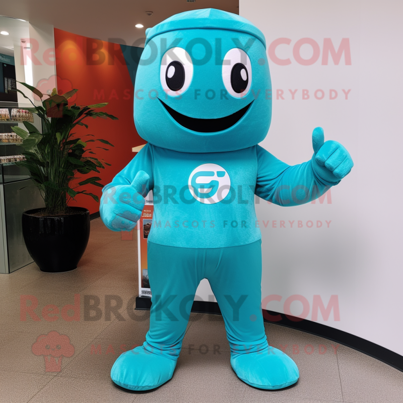 Turquoise Superhero mascot costume character dressed with a Corduroy Pants and Hat pins