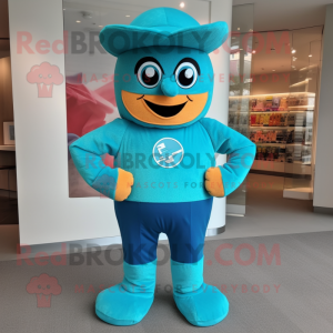 Turquoise Superhero mascot costume character dressed with a Corduroy Pants and Hat pins