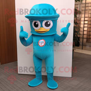 Turquoise Superhero mascot costume character dressed with a Corduroy Pants and Hat pins