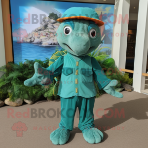 Turquoise Sea Turtle mascot costume character dressed with a Corduroy Pants and Headbands