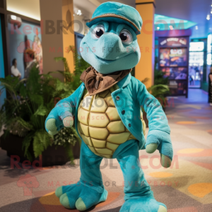Turquoise Sea Turtle mascot costume character dressed with a Corduroy Pants and Headbands