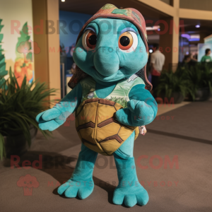Turquoise Sea Turtle mascot costume character dressed with a Corduroy Pants and Headbands