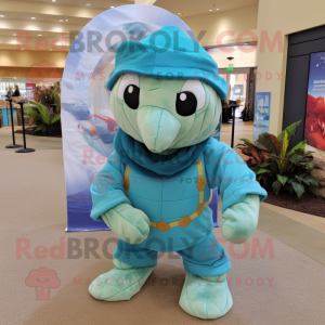 Turquoise Sea Turtle mascot costume character dressed with a Corduroy Pants and Headbands