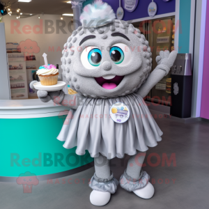 Gray Cupcake mascot costume character dressed with a Mini Skirt and Bracelet watches